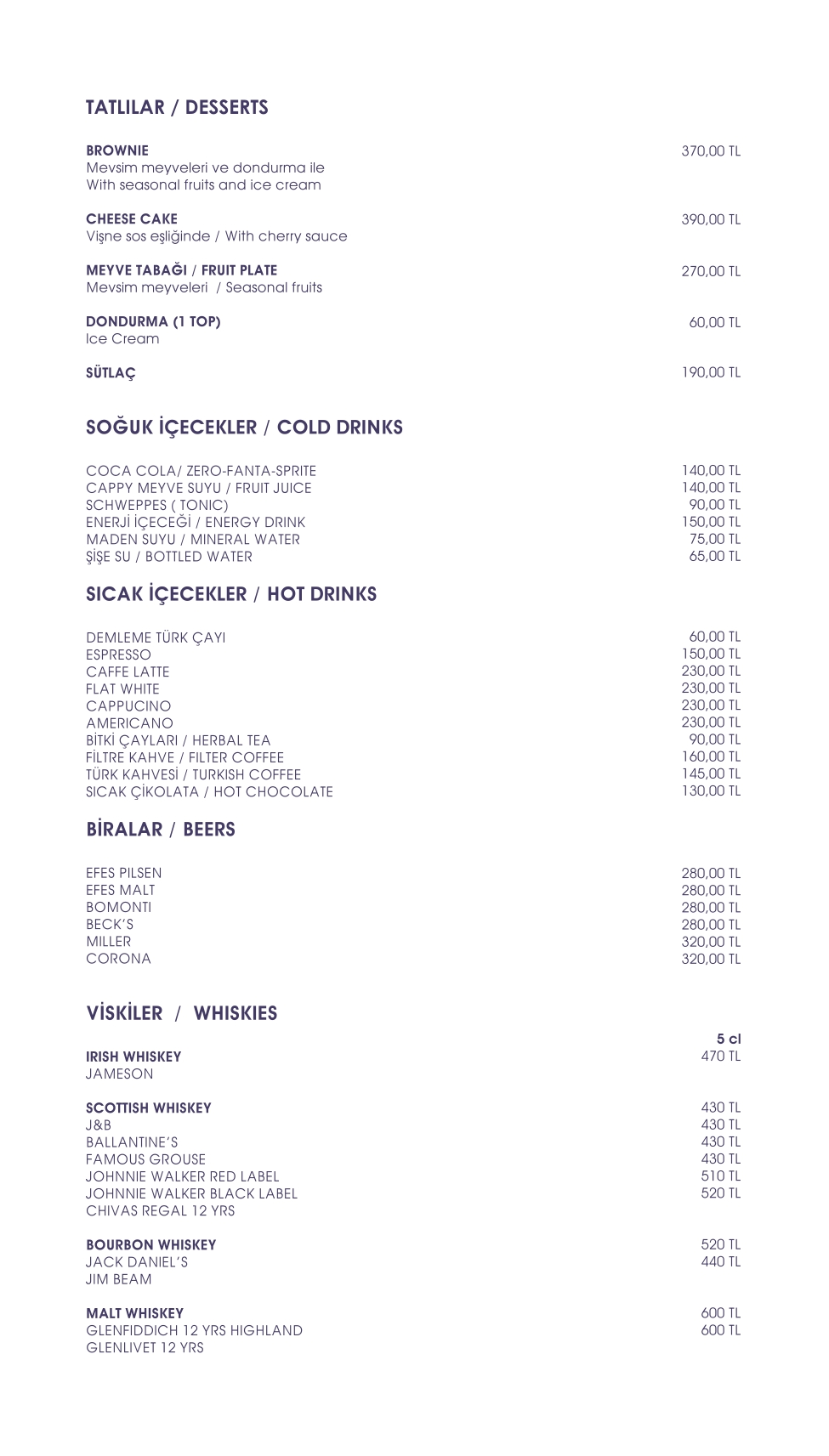 Dessert list menu used at Warwick Ankara