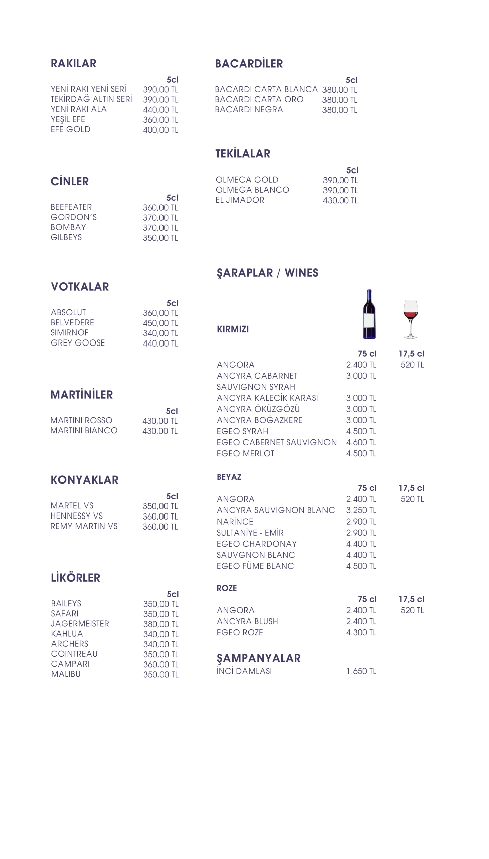 Wine list menu used at Warwick Ankara