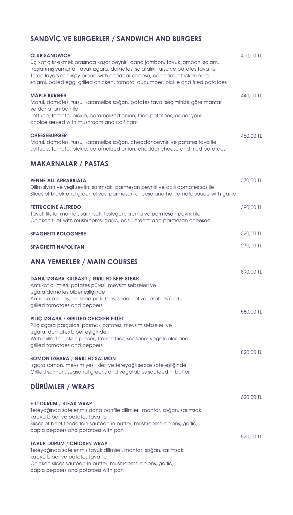 Burger menu used at Warwick Ankara